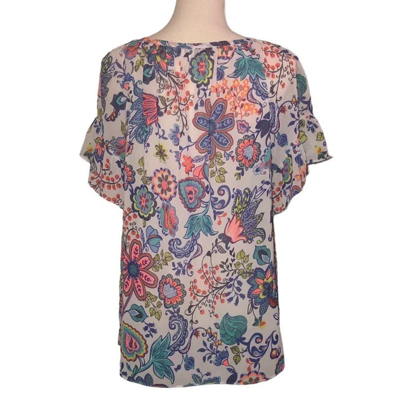 MILLY for Design Nations Sz M Women's Multi-Color Floral Short Sleeve Blouse Top - Picture 4 of 5